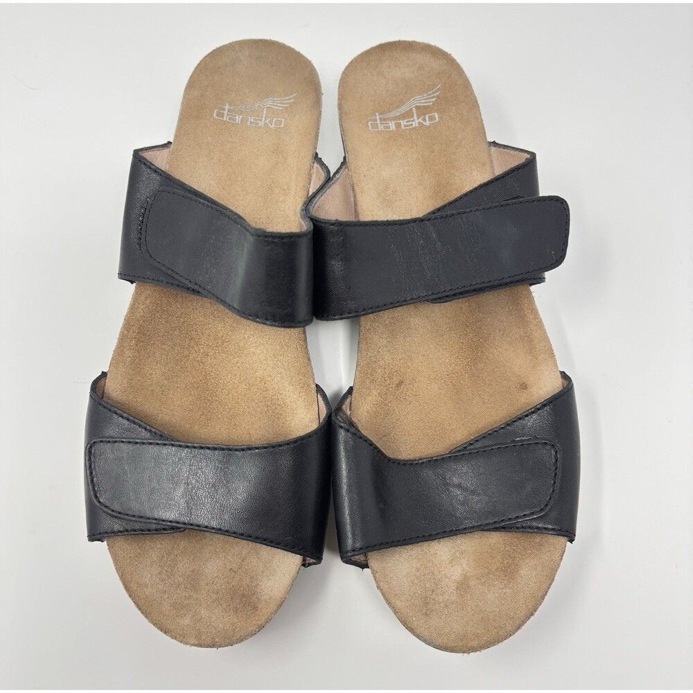 Dansko Vienna Wedge Sandals Slip On Black Leather Size 39 EU 8 US